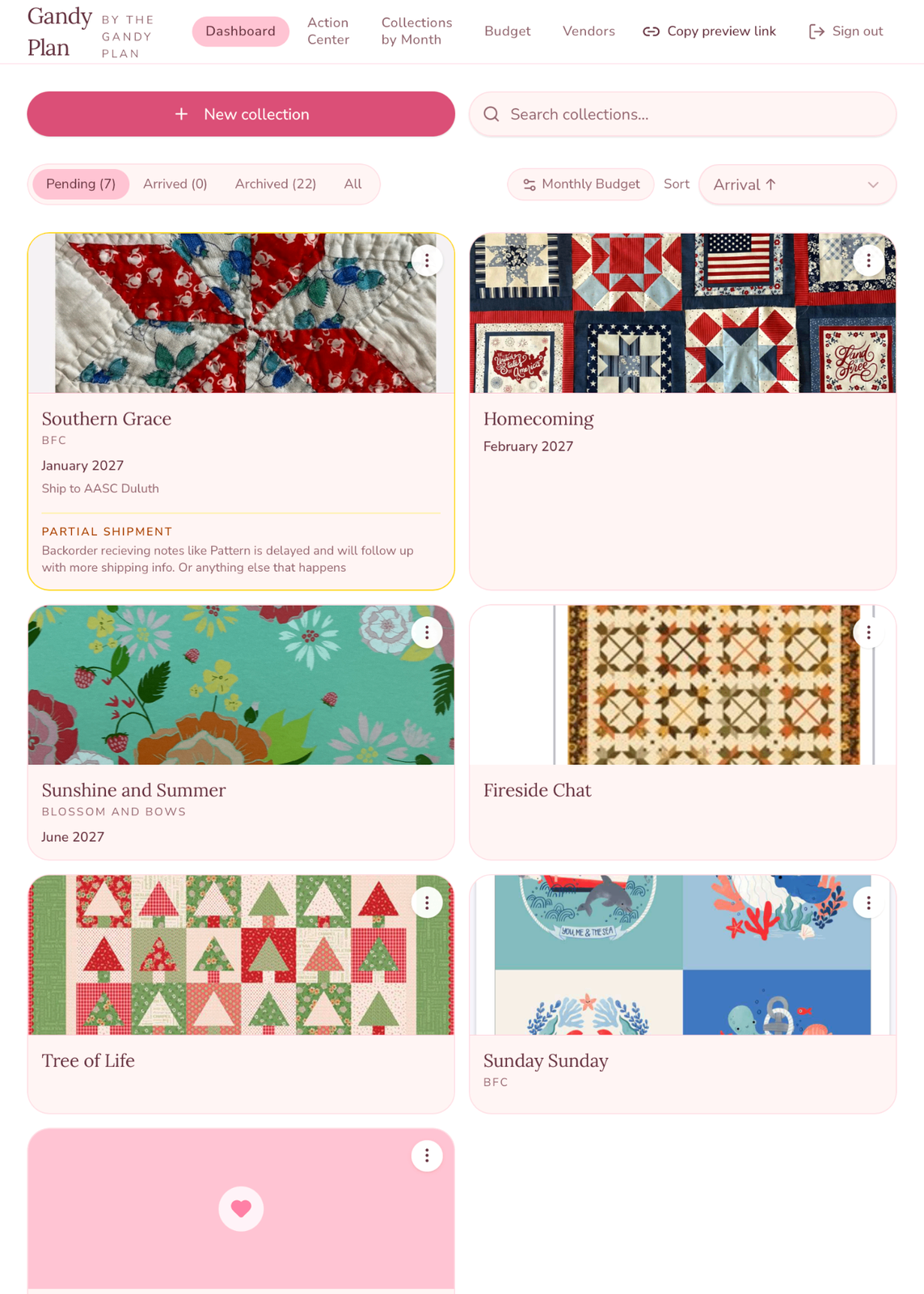 Gandy Plan on a phone showing a single fabric order with order status, shipping dates and investment
