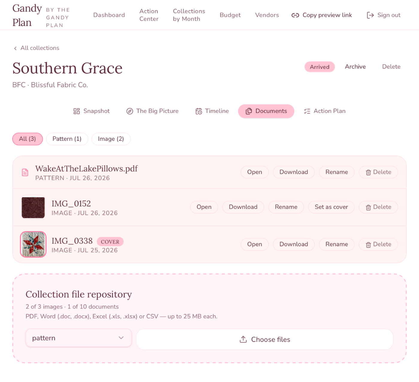 Gandy Plan Documents page showing attached PDFs, images and file repository for a collection