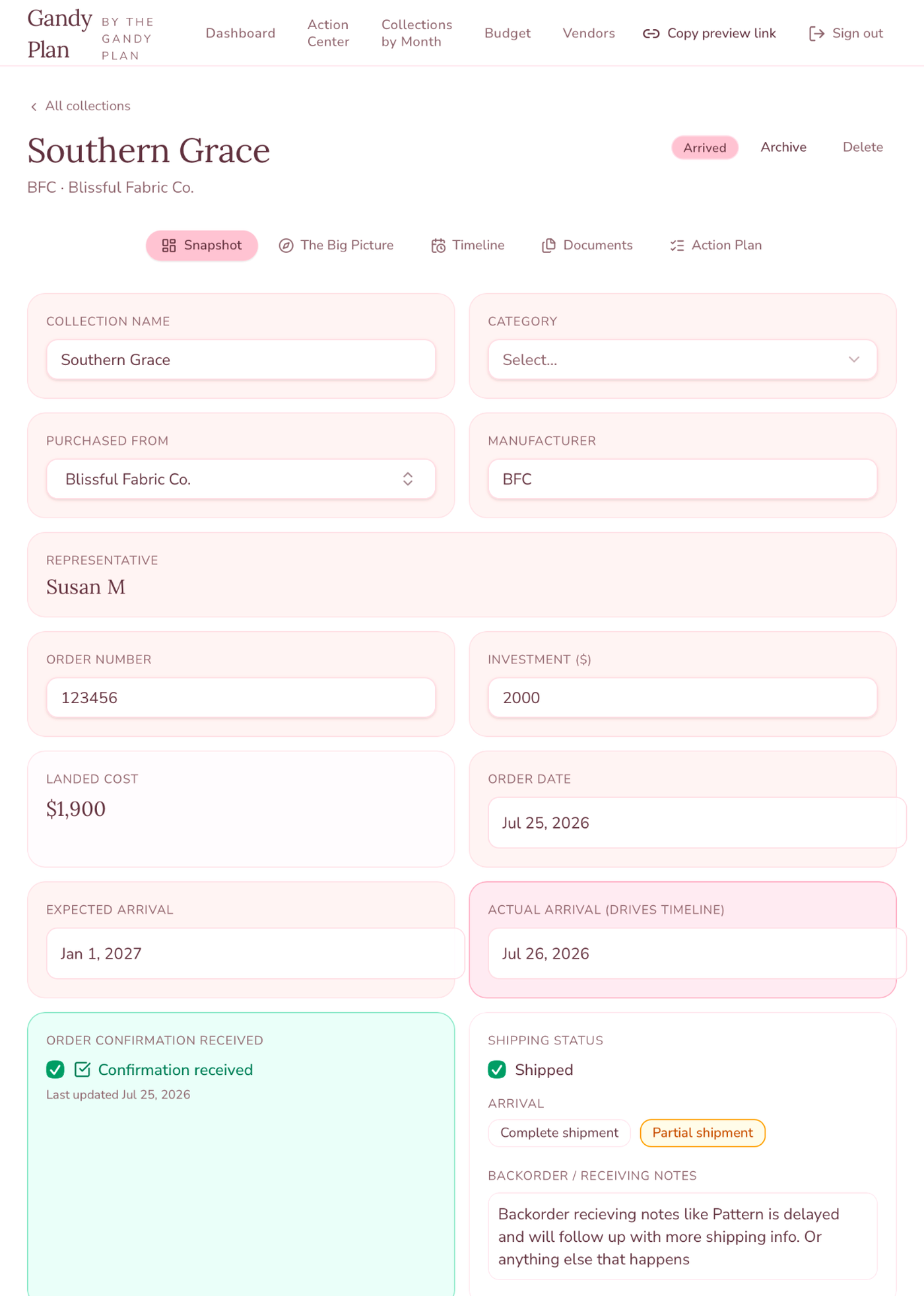 Gandy Plan Snapshot page showing collection details, investment, landed cost and shipping status