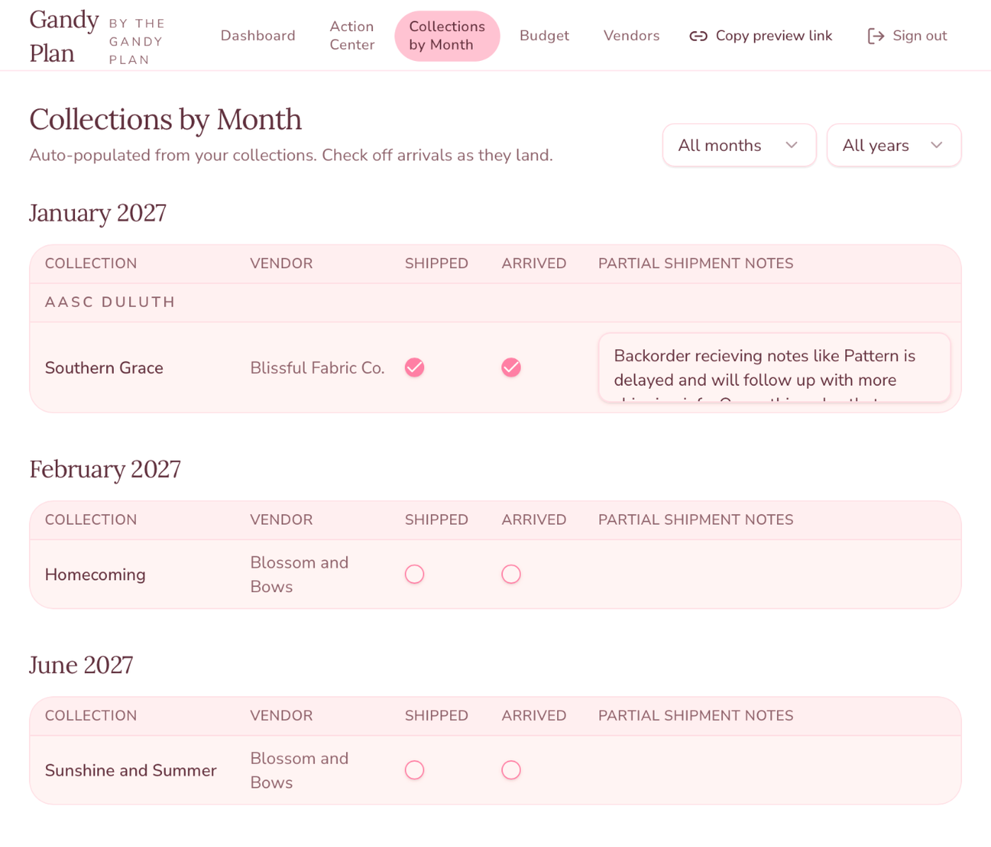 Gandy Plan Collections by Month view listing collections grouped by arrival month